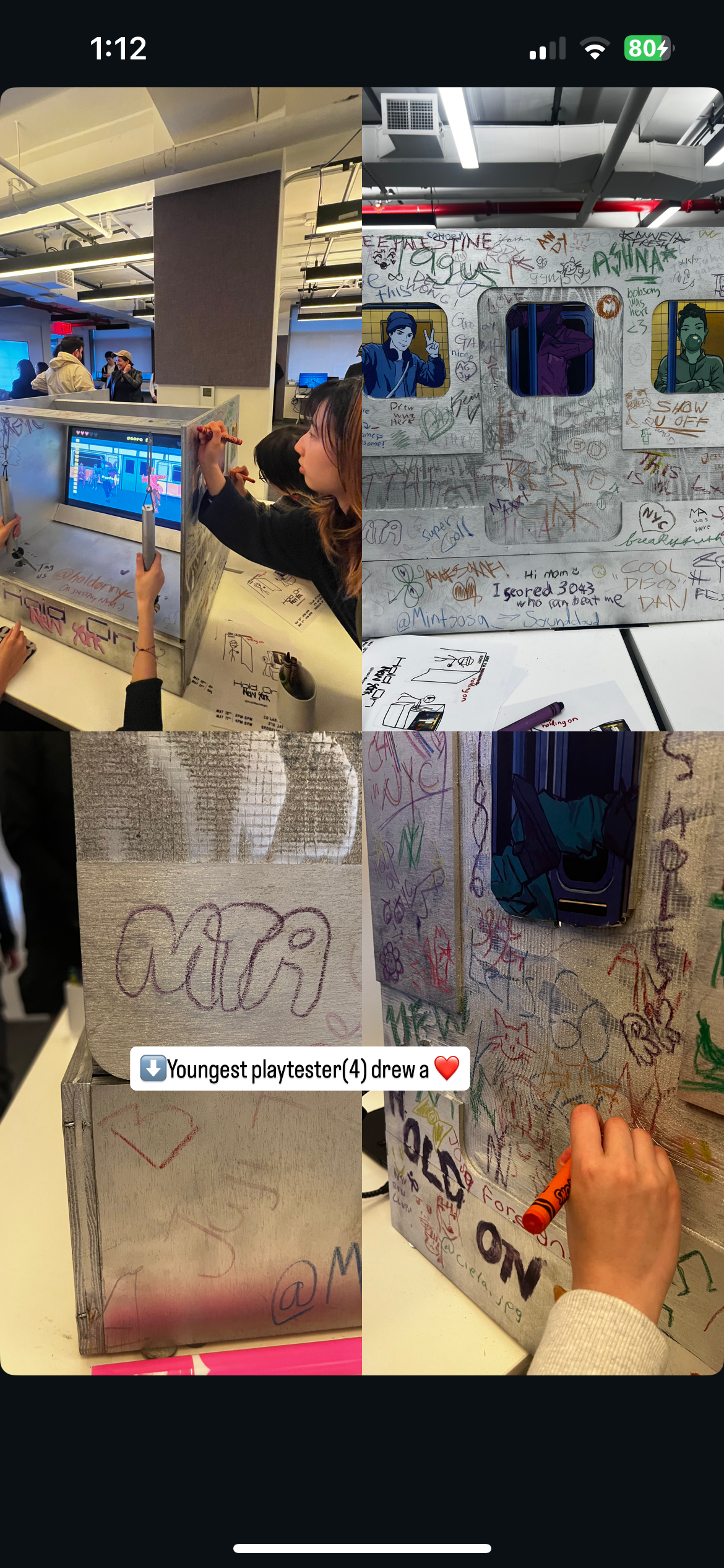 Collage of people tagging and drawing on the arcade cabinet with crayons, including the youngest playtester age 4 drawing a heart