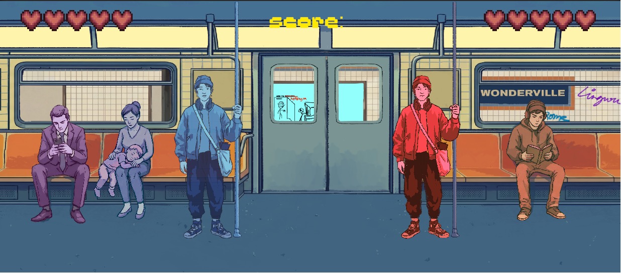 In-game screenshot of Hold On New York showing hand-drawn subway car with characters