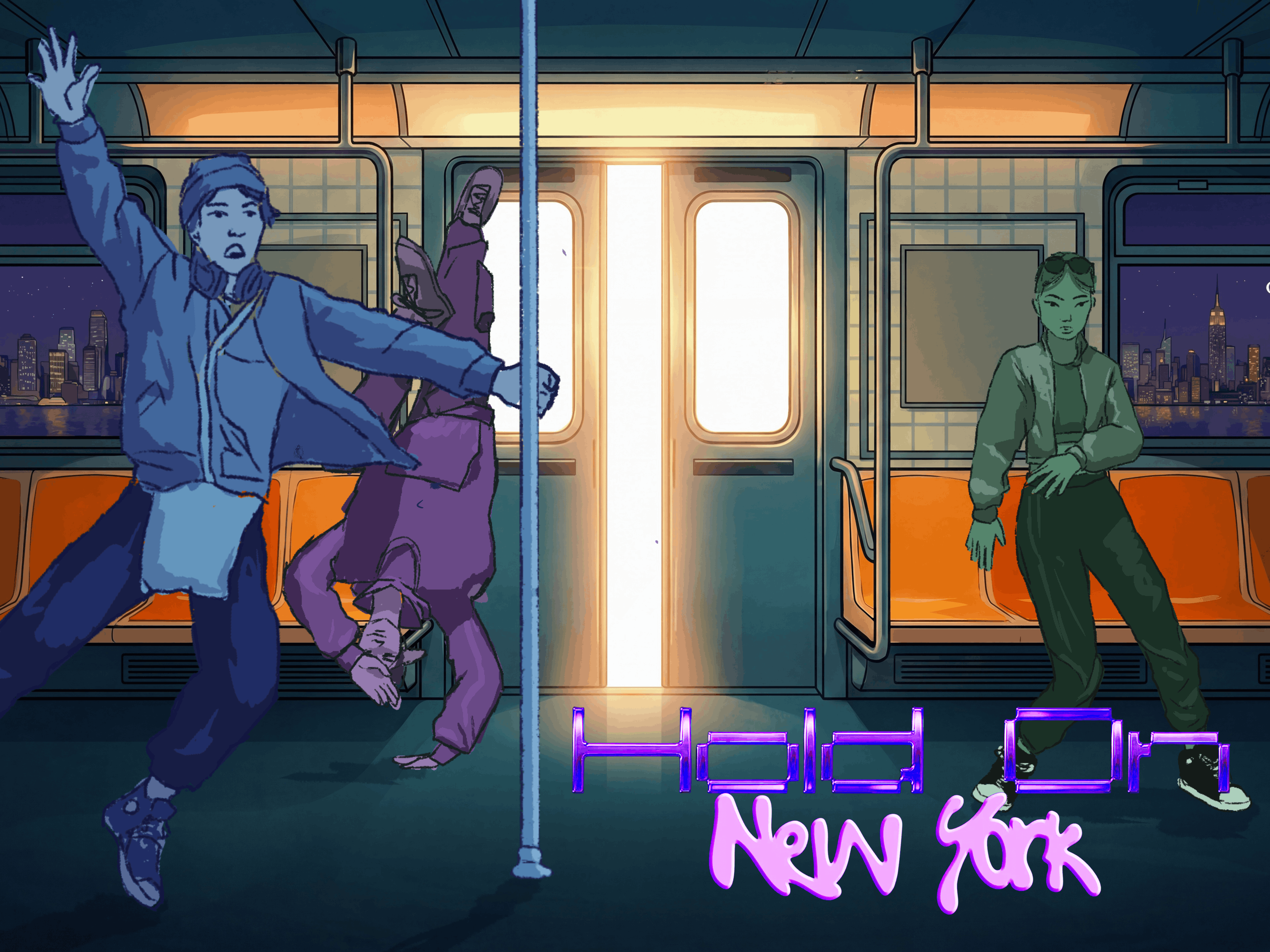 Original Hold On New York poster showing hand-drawn characters in the subway car, designed like a movie poster for a scene that does not exist in the game